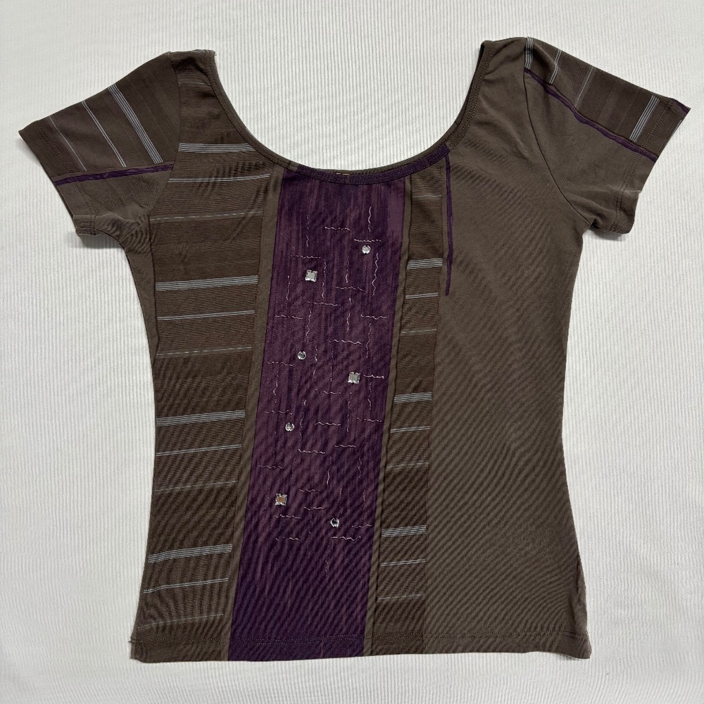 Made in Italy. Stretch Tee - Brown & Purple Graphic Panel. Size III (M/L)